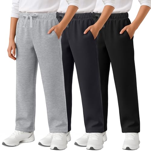3 Pack Boys Sweatpants Straight Leg Athletic Open Bottom Joggers Workout Elastic Drawstring Kid Pants with Pockets