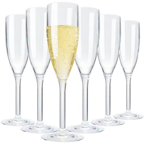 European Style Unbreakable Tritan Acrylic Champagne Flutes Glasses | Set of 6 | Style Reusable Toasting Cups Drinkware, 7 oz Dishwasher Safe BPA-free plastic, Wedding, Poolside Inside & Outdoors