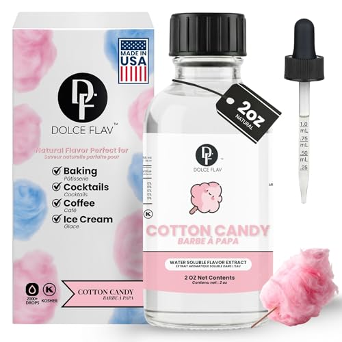 Image of Dolce Flav Natural Cotton Candy Extract - 2 Ounce Water-Soluble Kosher, Sugar-Free, Carnival-Style Flavoring Concentrate for Cakes, Milkshakes & Ice Cream, Includes Measured Dropper