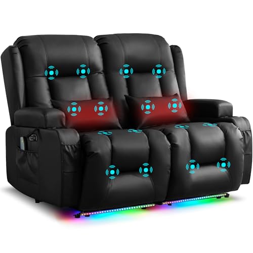 Image of URRED Power Loveseat Recliner Sofa with Massage and Heat, Wall Hugger Reclining Loveseat, RV Couch Home Theater Seating with LED Lights for Living Room (Black, 54 inch - 2 Seats)