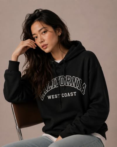 Image of Women's Fleece Hoodie Sweatshirt | California West Coast Graphic Print | Long Sleeve Hooded Pullover with Kangaroo Pocket | Casual Winter Oversized Hoodie