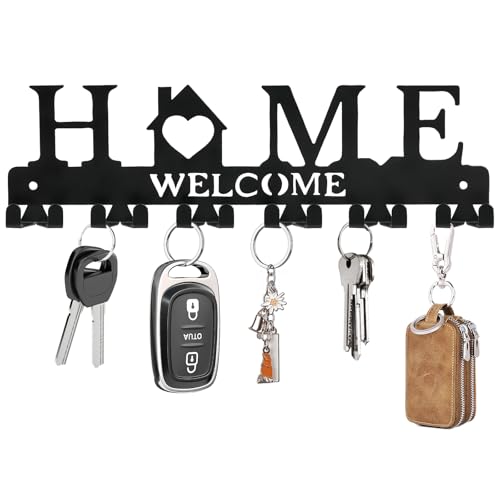 HOMEBROS Key Holder Wall Mount, Adhesive Metal Key Hanger with 6 Double Hooks, 2 Installation Methods, Black