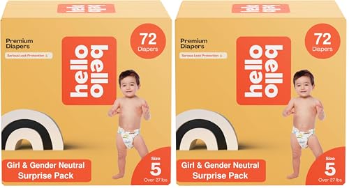 Image of Hello Bello Premium Diapers, Size 5 (27+ lbs) Surprise Pack for Girls - 72 Count, Hypoallergenic with Soft, Cloth-Like Feel - Assorted Girl & Gender Neutral Patterns (Pack of 2)