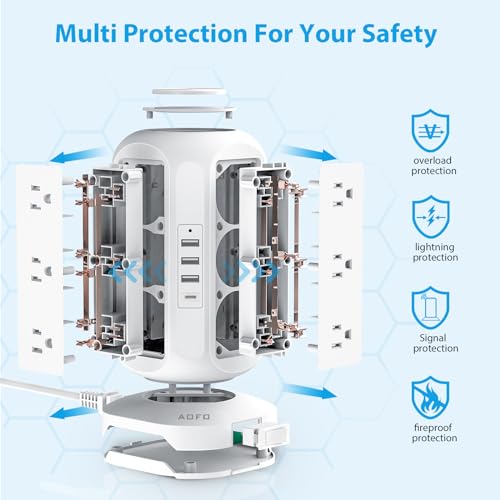 Tower-Power-Strip-Flat-Plug-with-12-Outlets-4-USB1-USB-CAOFO-Surge-Protector-Charging-Station-with-Overload-Protection-Widely-Spaced-Multiple-Outlets-10Ft-Extension-Cord-for-Home-DormOffice