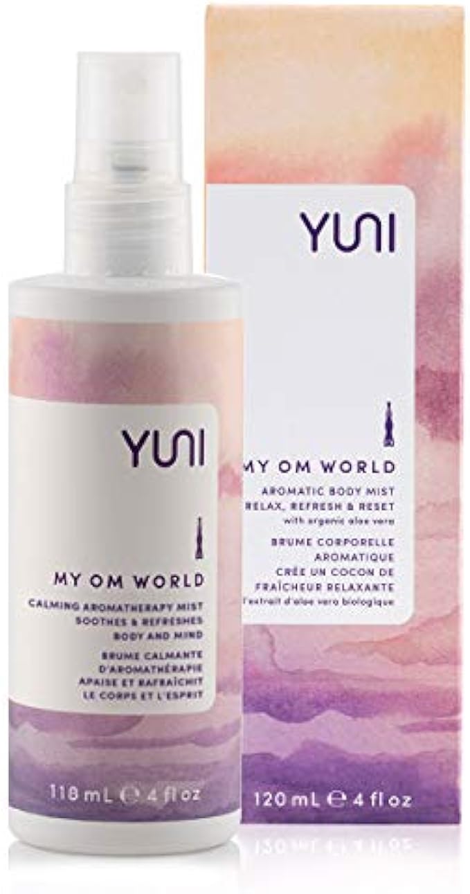 YUNI Beauty Calming Body Mist (4oz) My OM World - Natural Aromatic Oils - Relaxing Stress Relief - Promotes Focus & Clarity - All Natural, Paraben-Free, Cruelty-Free