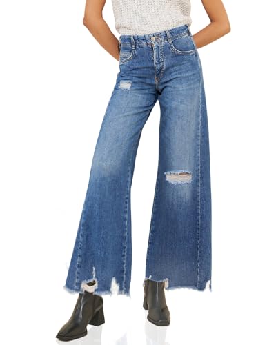 Women's High Waisted Wide Leg Jeans Ripped Distressed Frayed Raw Hem Denim Pants 2025 Trendy2