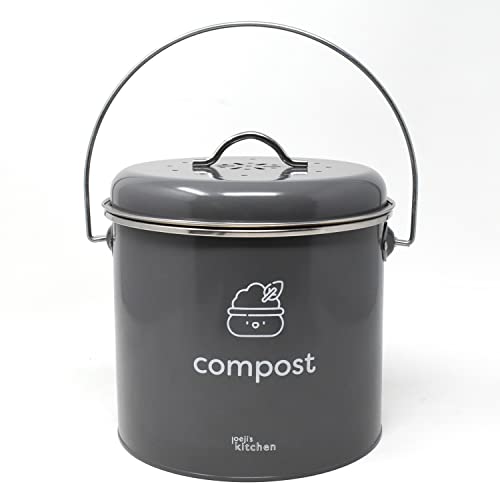 Joeji’s Kitchen 3,5L groß Biomülleimer für die Küche - Metall Kompost Küchenkomposteimer mit Deckel - 3er Aktivkohlefilter enthalten - Küchenbiomülleimer Biomüllbehälter - Grau