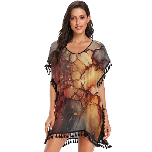 Dark Red Marble Art Women's Beach Cover Up Chiffon Tassel Swimwear Swimsuit Coverups for Girl