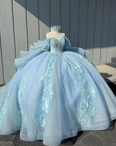 Appliques Quinceanera Dresses with Bow Glitter Beaded Ball Gown with Train Off Shoulder XV Dress SE0462
