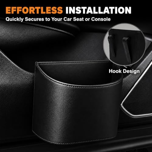 Image of COZILO Leather Car Trash Can - Leakproof & Easy-to-Clean Car Garbage Can for Luxury Cars, SUVs & Trucks | Includes 60 Custom Liners, Secure Hook, Easy Install, Black