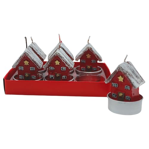 Juego de 6 velas de té de casa – velas de té como casa, velas de cera casa adosada, velas de figura como casas rojas con techo nevado, contenido del envío: 6 velas, dimensiones de cada vela de té