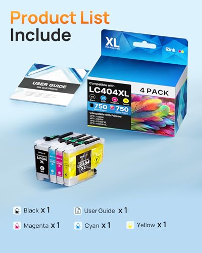 Image of E-Z Ink LC404 MFC-J1205W Replacement for LC404 Ink Cartridges for Brother Printer 404XL LC 404 XL use for MFC-J1205W MFC-J1215W J1205WXL J1215W XL Printer (Black, Cyan, Magenta, Yellow, 4 Pack)