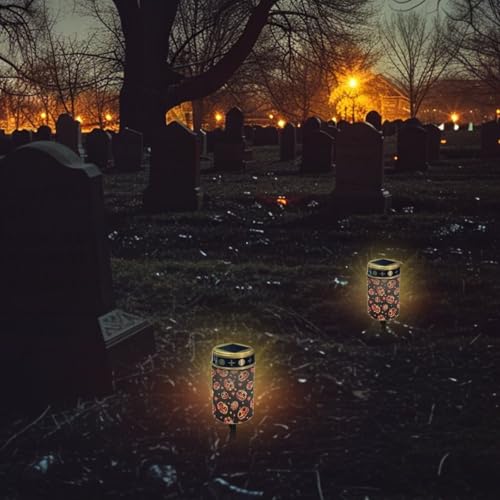 Image of Funny Face Pumpkin Cemetery Solar Lights Water Resistant LED Flameless Candle Grave Lights Solar Powered Halloween Decorations Light for Prayer 2 Pcs