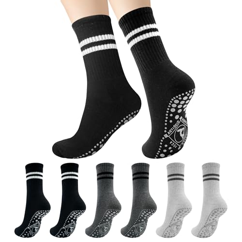 HYCLES Calzini da yoga antiscivolo, 3 paia, calzini da donna, antiscivolo, per yoga, pilates, danza, piedi nudi, trampolino, casa, ospedale, 03# nero*1+grigio chiaro*1+grigio scuro*1, L