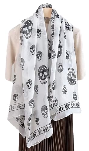 Mazeology Skull Scarf Genuine Pure Silk Soft Chiffon 59” Long Scarf Gothic Punk Pirate White/Black 26” Wide for Women/Men Trendy Punk Accessory2
