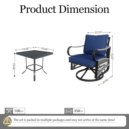 Image of 3 Pieces Outdoor Furniture Set, Metal 360 Swivel Rocking Chairs Bistro Sets, Patio Conversation Set with Side Table for Deck, Porch, Garden, Backyard, Poolside (Blue Cushions)