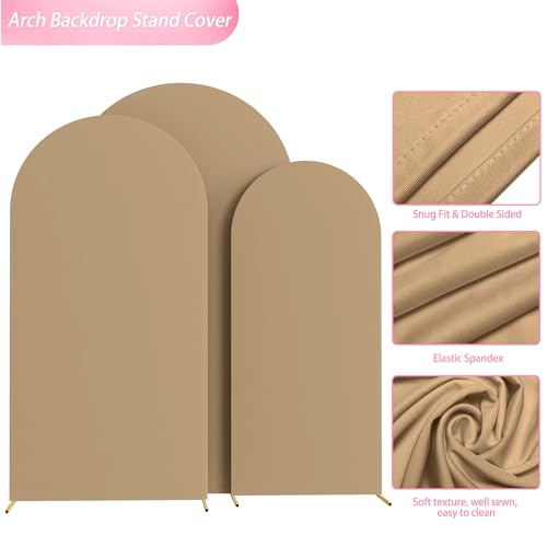 Image of Wokceer Wedding Arch Backdrop Cover (7.2FT, 6.6FT, 6FT) Set of 3 Spandex Fitted Wedding Arch Stand Covers for Round Top Chiara Backdrop Stands Cover for Birthday Party Ceremony Decor Khaki