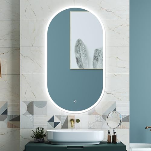 HAPAOSO Miroir de Salle de Bain Ovale 80 x 45 cm LED Mural avec Éclairage 3 Couleurs Dimmable, Anti-buée, Fonction Mémoire, Design Moderne
