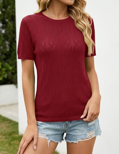 LaGracia Sweater for Women Short Sleeve Crew Neck Lightweight Sweaters Casual Summer Spring Tops 2026 Red M — view 3