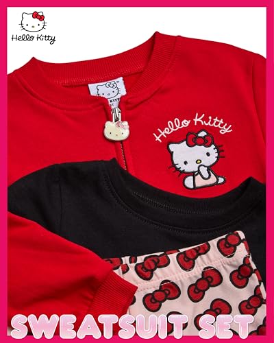 Image of Hello Kitty Girls Pant Set - 3 Piece Short Sleeve Graphic Tee Shirt Zip Up Fleece Jacket and Kids Pants Clothing Set, Size 6X, Red /Black /Bows
