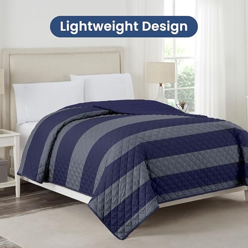Image of Martex Reversible Coverlet, Full Queen, Rugby Stripe /Navy | Lightweight, Durable, Soft, Easy Care, Reversible