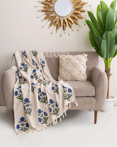 Image of Floral Cotton Throw Blanket - 50x70 Inch Handblock Print Sofa Throw - Boho Fringe Decorative Blanket for Couch, Bed & Living Room - Diwali Gift, Rakhi Gift for Sister (R-HBTH00114)