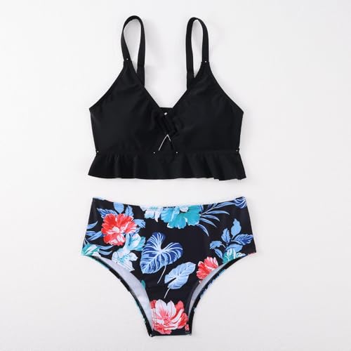 Image of ESHOWEE Girls Swimsuits 2 Piece Bathing Suit Set Toddler Ruffle Tank Top Front Cutout Beach Summer Bikini Swimwear 2-12Y