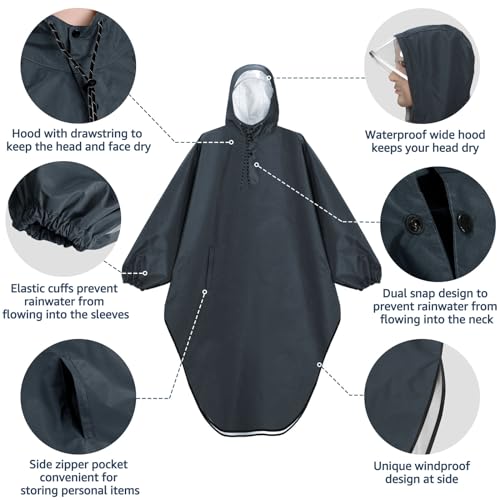 Anyoo Poncho de chuva à prova d'água para adultos, leve, reutilizável, com capuz, jaqueta para ativ