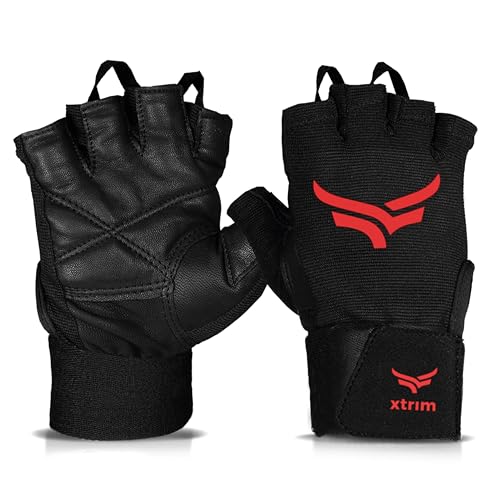 XTRIM xMacho Leather Gym Gloves for Men & Women (XL, Fits 8.5-9.5 inches),with Wrist Support for Weightlifting, Hand Exercise Gloves with Half-Finger Length for Gym Workout (Red-Black)