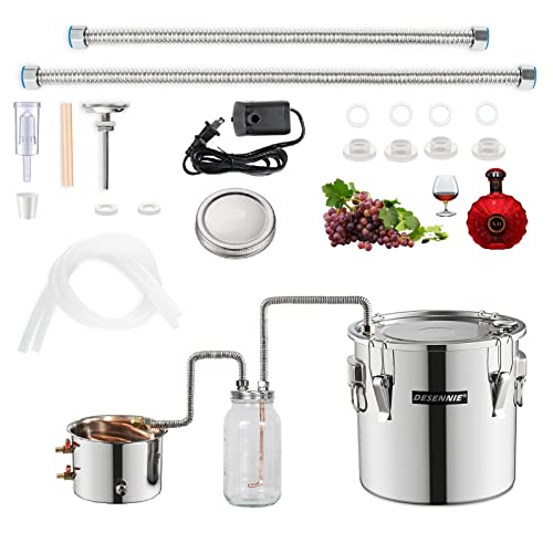 DESENNIE Shine Still - Destilador de alcohol de 5 galones con olla de acero inoxidable, barril de vidrio, barril de cobre, termómetro, bomba de agua, kit de preparación casera para hacer vino, whisky,