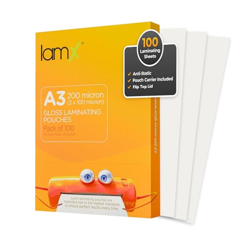LamX A3 Laminating Pouches 200 Micron, 100x High Gloss Finish Sheets, Anti-Static Formula Laminating Pouches A3, 200 Micron (100+100 Micron) Pack of 100 Laminating Sheets, Free Pouch Carrier Included