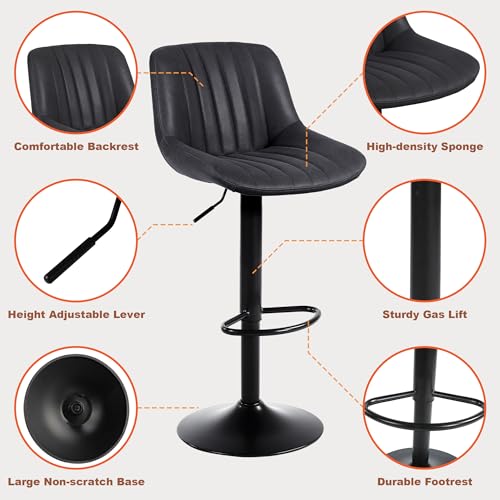 طقم كراسي بار من يوهوشير، كرسي بار دوار بارتفاع منضدة مع ظهر، كرسي بار من جلد صناعي قابل للتعديل، كرسي بار بتصميم عصري للمطبخ والإفطار، أسود