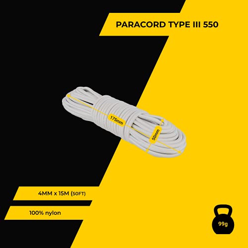 EdcX Paracord 4 mm, 35+ Volltonfarben (10 m, 15 m, 30 m, 50 m, 100 m, 300 m) | Ideal zum Basteln, Camping, Outdoor | 100% Nylonseil 4 mm| Nylon Paracord 550 Typ III (White, 15 m)