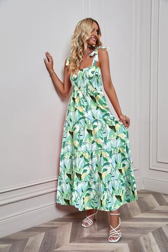 Image of kinstell Women's Summer Boho Spaghetti Strap Square Neck Ruffle Casual Flowy Long Dress Beach Swing Party Maxi Dress