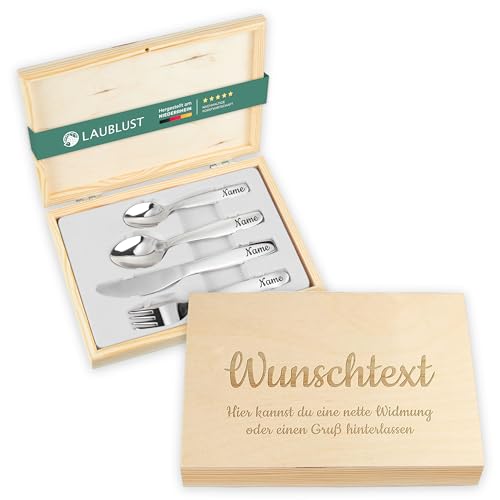 LAUBLUST Kinderbesteck mit Namensgravur - Wunschtext Gravur & Geschenkbox natur | Besteck mit Namen - Geschenk zur Taufe für Kinder - Taufgeschenke für Jungen, Mädchen | Personalisierte Erinnerungsbox