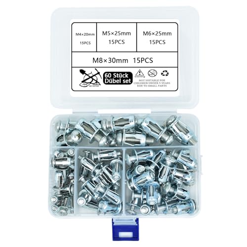 DAIRYCOF Hohlwanddübel 60 Stück M4/5/6/8mm Metall Jack Nuts mit Blütenblattmutter für Rigips Eisenblech dünne Wände & Hohltüren Ideal für Metalldübel & Spreizdübel