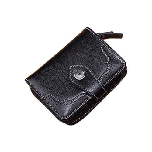 Fashion Retro Oil Waxed Leather Faux Leather Ladies Short Wallet Zipper Purse Stick On Wallet for Phone Case with Stand, Black, One Size