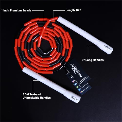 Image of Freestyle Unbreakable Long Handle Soft Shatterproof Beads 1Inch Beaded Jump Rope, Skipping Rope Adult. (10 Ft) (Red Black - White handle)