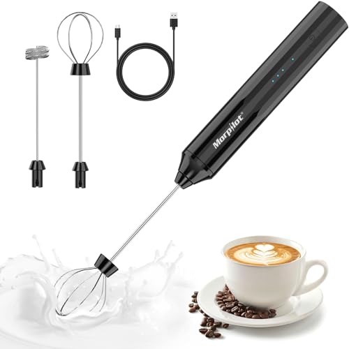 Morpilot Mousseur à Lait Rechargeable USB avec 2 Têtes d'Agitation en Acier Inox, Mini Fouet Électrique Portable avec 3 Vitesses pour Café, Crème, Cappuccino, Latte, Œufs, Jus, Matcha