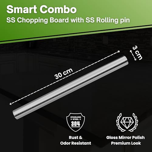 Image of Arteora - Premium 304 Stainless Steel Countertop Chopping Board for Kitchen | Free Rolling Pin | Food Grade Steel |, Odor-Free | Vegetable Cutting Board | Reversible | (Silver, 41x29 cm | XL)