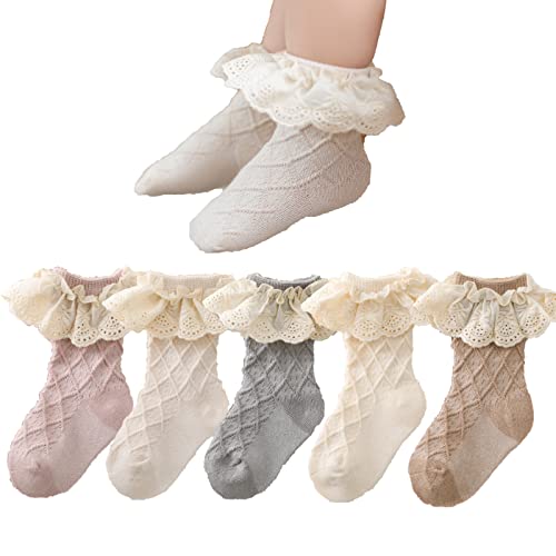 Colorful Childhood Baby Grils Ruffle Lace Socks Toddler Vintage Ribbed Princess Frilly Dress Short Socks