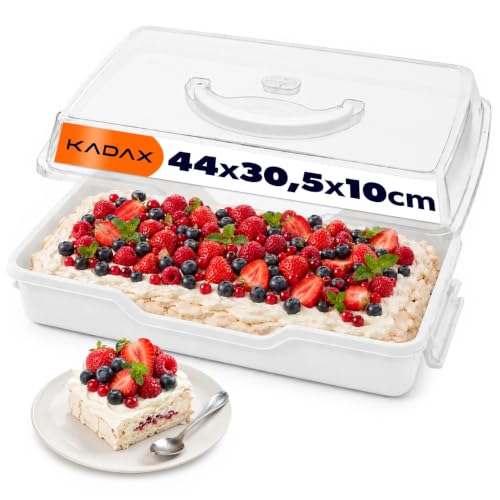 KADAX Pudełko na ciasto z pokrywką, 43 x 30 x 12,5 cm, pojemnik na ciasto z tworzywa sztucznego, pudełko transportowe z uchwytem, forma pudełkowa, do ciast blaszanych, muffinek (białe (prostokątne