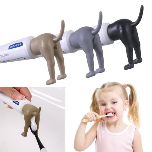 3Pcs Silicone Dog Butt Toothpaste Toppers Gray/Brown/Black Creative Toothpaste Squeezer Fun Dog Toothpaste Dispenser Toothpaste Cover Bathroom Accessories Fun Tools Gifts for Family and Friends