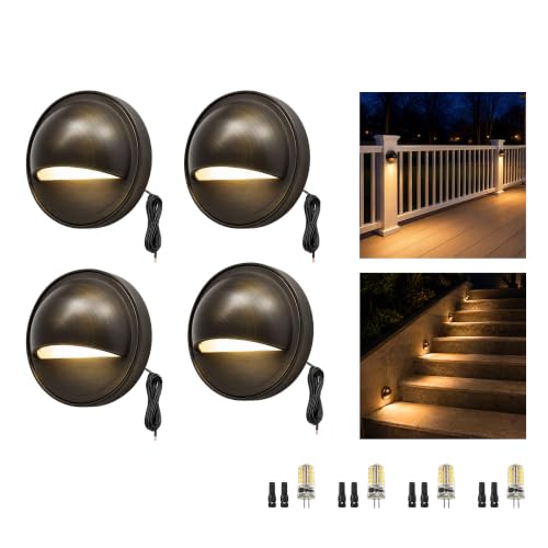 Image of Gardenreet Solid Brass Deck Light, 12V, 2700K Warm White G4, 4 Pack | Solid Brass, Antique Bronze Finish, IP65 Waterproof, Hardwired 9V-17V Design, Replaceable G4 LED Bulb