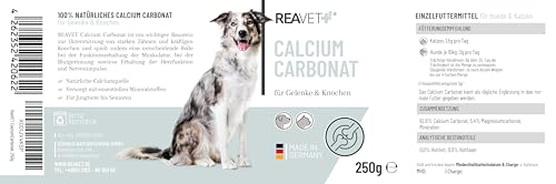 ReaVET Calcium Carbonat 250g für Hunde & Katzen - natürliche Calciumquelle für Knochenaufbau & Gelenke I Calciumcarbonat, Ergänzungsfuttermittel für Hunde & Katzen