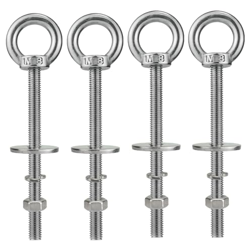 Image of M8 Long Stainless Steel Eye Bolts with Nuts 4 Pack, M8 x 100mm (5 /16 inch x 4 inch) Shoulder Lifting Eye Bolt for Swing Board, Heavy Duty Threaded Ring Screw Eyebolts Kits for Tie Down Outdoor