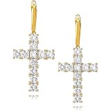 Pendientes de aro colgantes de cruz con bisagras para hombres y mujeres, chapados en oro de 18 quilates con diamantes de princesa, Metal, Circonita cúbica