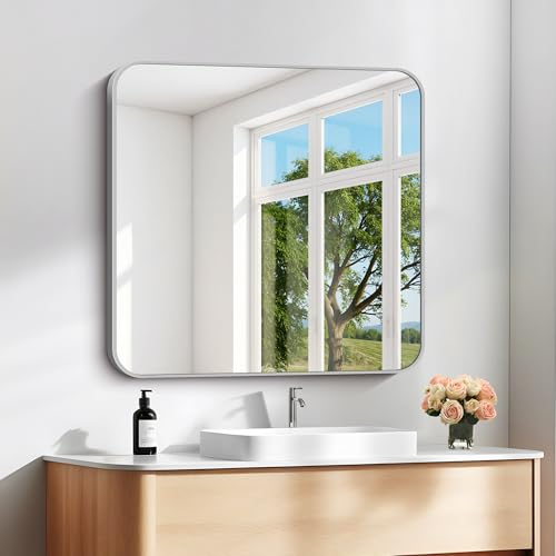 Image of DESBING 30 inch x 30 inchBathroom Mirror, Silver Wall Mirror with Metal Frame, Decorative Rectangular Vanity Mirror for Bedroom Bathroom Living Room Entryway (Horizontal /Vertical)