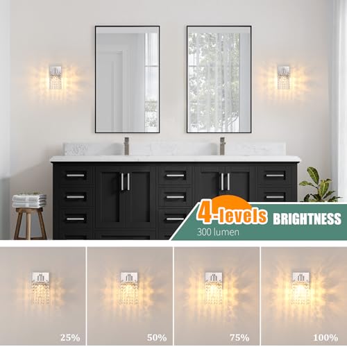 Image of Shenmoyl Set of 2 Crystal Battery Operated Wall Sconce,Rechargeable Wall Lamp with 5200mAh Battery & Remote Control, Modern Dimmable Wireless Wall Lights for Bedroom Bathroom (Clear, Silver Base)