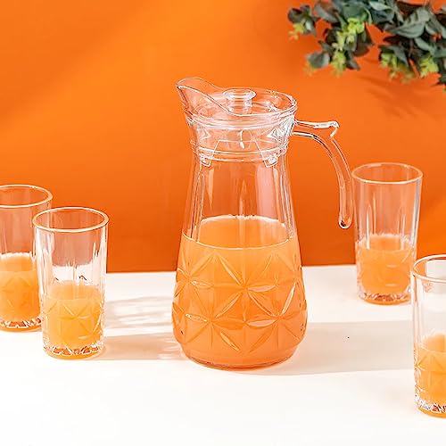 Image of Wringo Premium 7pc Crystal Water Jug with Glass Set and Jug Set Combo,Freezer Safe and Dishwasher Safe (6 Pieces Glasses 200ML and 1 Water Juice Jug 1 Liter), Transparent, Glass and Jug Set (WS-10)
